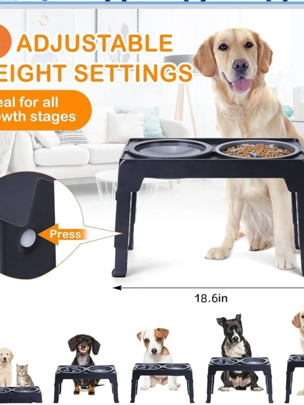 Adjustable Raised Dog Bowl with 2 Stainless Steel Dog Food Bowls slow feed